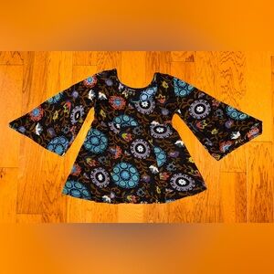 Elegant Floral Bell Sleeve Blouse - Black and Blue